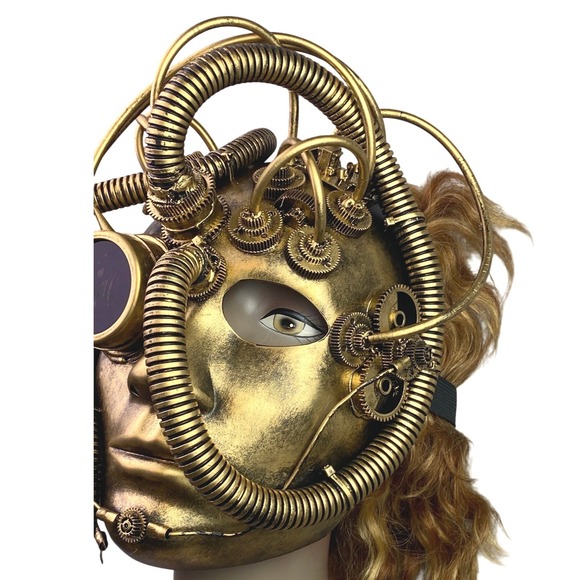 Steampunk Mask Gold Goggles Gears Costume Masquerade‎ Cosplay Full Face - Picture 3 of 10